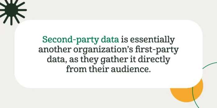 Los datos de segunda parte son esencialmente los datos de primera parte de otra organización, ya que los recopilan directamente de sus audiencias. 