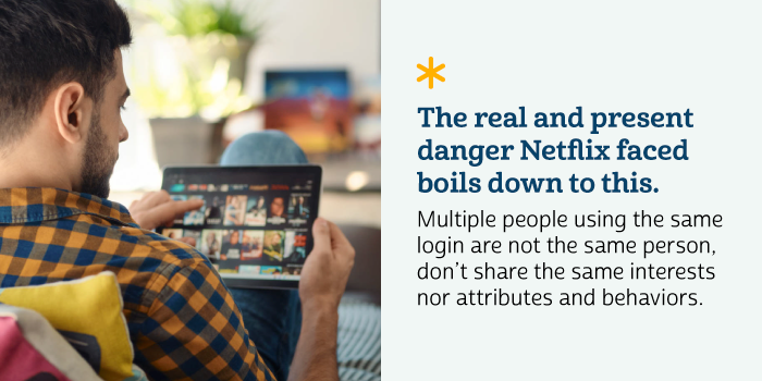  The real and present danger Netflix faced boils down to this. Multiple people using the same login are not the same person, don’t share the same interests nor attributes and behaviors.