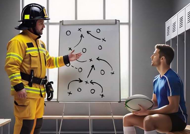 Firefighter reviewing game strategy with a rugby player in a locker room.