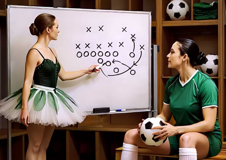 Ballerina providing guidance on strategy to a soccer player.