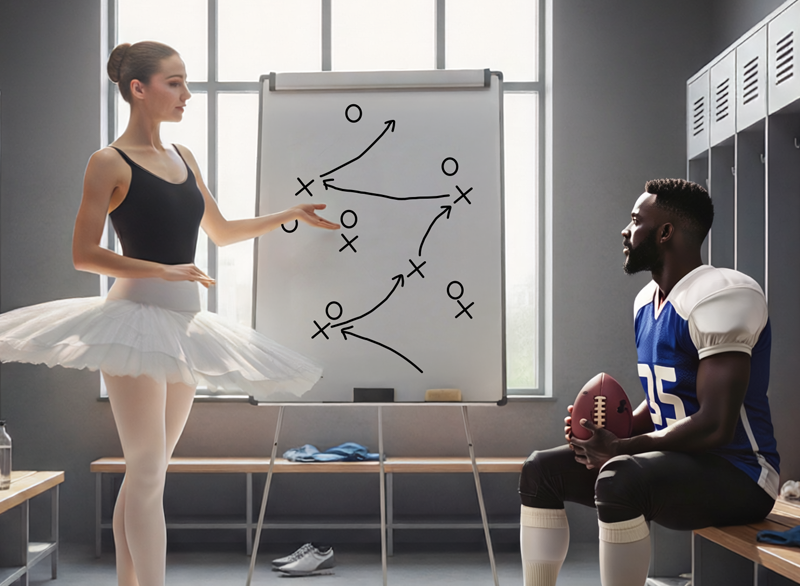 Ballerina giving football advice to a football player